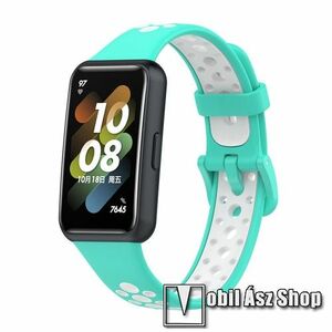 Okosóra szíj - légáteresztő, sportoláshoz, szilikon, 125mm + 91mm hosszú - FEHÉR / CYAN - HUAWEI Band 7 kép