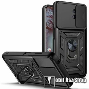 OTT! CAMSHIELD ARMOR műanyag védő tok / hátlap - FEKETE - szilikon betétes, kitámasztható, fém ujjgyűrűvel, eltolható kamera védő fedéllel, tapadófelület mágneses autós tartóhoz - ERŐS VÉDELEM! - NOKIA C10 / C20 kép