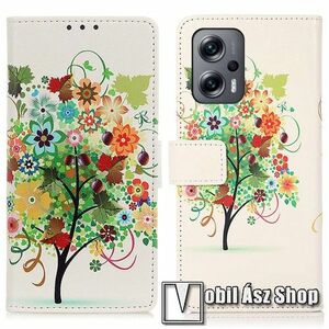 Notesz / mappa tok - SZÍNES VIRÁGZÓ FA MINTÁS - oldalra nyíló, rejtett mágneses záródás, bankkártyatartó zsebek, asztali tartó funkció, szilikon belső - Xiaomi Redmi Note 11T Pro / 11T Pro Plus / 12T Pro / Poco X4 GT / Redmi K50i 5G kép