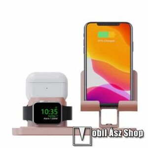 3 az 1-ben Apple Watch, Airpods és Iphone tartó asztali állvány / dokkoló - műanyag, kábelelvezető, csúszásgátló, 180°-ban forgatható, 180 x 96 x 92mm, a töltők NEM TARTOZÉKOK! - ROSE GOLD kép