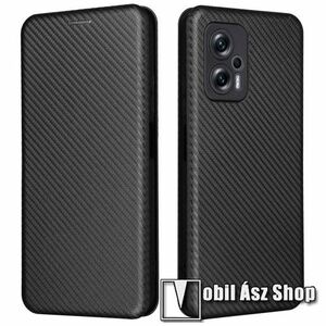 Notesz tok / flip tok - FEKETE - KARBON MINTÁS - asztali tartó funkciós, oldalra nyíló, rejtett mágneses záródás, bankkártyatartó zseb, szilikon belső - Xiaomi Redmi Note 11T Pro / 11T Pro Plus / 12T Pro / Poco X4 GT / Redmi K50i 5G kép