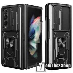OTT! CAMSHIELD ARMOR műanyag védő tok / hátlap - FEKETE - szilikon betétes, kitámasztható, fém ujjgyűrűvel, eltolható kamera védő fedéllel, tapadófelület mágneses autós tartóhoz - ERŐS VÉDELEM! - SAMSUNG Galaxy Z Fold4 5G kép