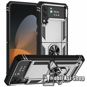 OTT! HYBRID ARMOR műanyag védő tok / hátlap - EZÜST - szilikon betétes, kitámasztható, fém ujjgyűrűvel, tapadófelület mágneses autós tartóhoz - ERŐS VÉDELEM! - SAMSUNG Galaxy Z Flip4 5G kép