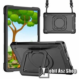 Műanyag védő tok / hátlap - 3 rétegből áll, szilikon betétes, kitámasztható, 360°-ban elforgatható fogantyú, hevederrel - ERŐS VÉDELEM! - FEKETE - Lenovo Tab M10 Plus (3rd Gen) / Motorola Moto Tab G62 kép