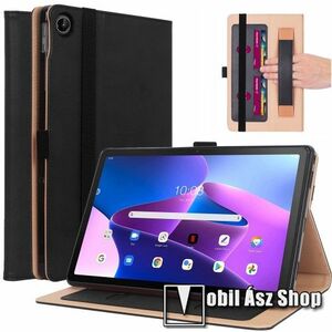 Notesz tok / mappa tok - FEKETE - asztali tartó funkciós, oldalra nyíló, bankkártyatartó zsebek, kézpánt, tolltartó, gumis záródás, szilikon belső - FEKETE - Lenovo Tab M10 Plus (3rd Gen) / Motorola Moto Tab G62 kép