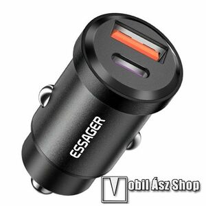 ESSAGER szivargyújtós töltő / autós töltő - 30W, 1x USB aljzat, 1x Type-C aljzat, QC 3.0, PD gyorstöltés támogatás, kábel NÉLKÜL! - FEKETE - GYÁRI kép