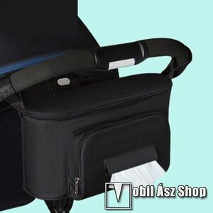 UNIVERZÁLIS Multifunkcionális kismama szervezőtáska - szövet, vízálló, cumisüveg tartó, nyitott hátsó zseb a könnyen hozzáférhető tárgyakért, babakocsira akasztható, tépőzár, cipzár, több fakkos, 340 x 190 x 130mm - FEKETE kép