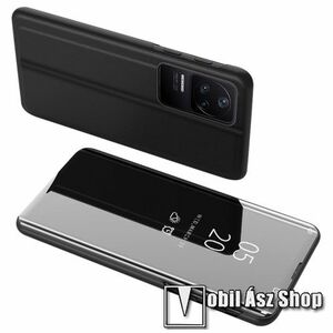 Notesz / flip tok - FEKETE - oldalra nyíló áttetsző tükrös flip cover, asztali tartó funkció, műanyag belső - Xiaomi Redmi K40S 5G / Xiaomi Poco F4 5G kép
