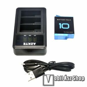 AZKTE GoPro Hero 11 / 10 / 9-hez akkumulátor / akkumulátor töltő - 3.85V, 1800mAh, max 4.4V-al tölthető, LCD töltéskijelző, töltés kimenet: 4.35V / 0.5A (x3) , egyszerre akár 3 akkumulátor is tölthető vele, műanyag, microUSB bemenet - FEKETE kép