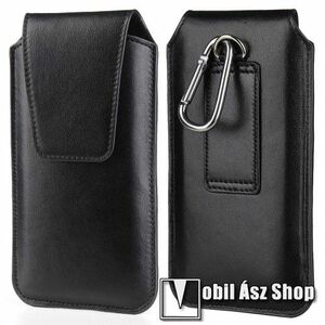 UNIVERZÁLIS álló tok - PU bőr, övre fűzhető, karabiner, mágneses záródás - külső méret: 185 x 107 x 30mm, belső méret: 180 x 100 x 25mm - FEKETE kép