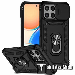 OTT! CAMSHIELD ARMOR műanyag védő tok / hátlap - FEKETE - szilikon betétes, kitámasztható, fém ujjgyűrűvel, eltolható kamera védő fedéllel, tapadófelület mágneses autós tartóhoz - ERŐS VÉDELEM! - HUAWEI Honor X8 / Honor X30i kép