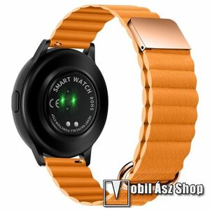 Okosóra szíj - valódi bőrpánt, mágneses, 118mm + 105mm hosszú, 22mm széles - NARANCSSÁRGA / ROSE GOLD - SAMSUNG Galaxy Watch 46mm / Watch GT2 46mm / Watch GT 2e / Galaxy Watch3 45mm / Honor MagicWatch 2 46mm kép