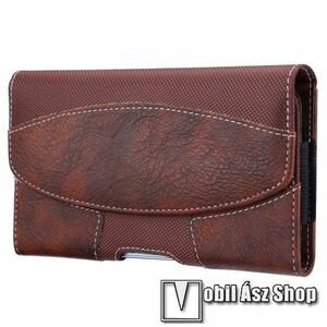 UNIVERZÁLIS fekvő tok - PU bőr, szövet, mágneses záródás, övre fűzhető, övcsipesz, gumis - max 165 x 90 x 20mm készülékekhez - BARNA kép