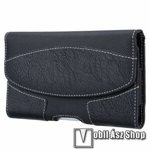 UNIVERZÁLIS fekvő tok - PU bőr, szövet, mágneses záródás, övre fűzhető, övcsipesz, gumis - max 165 x 90 x 20mm készülékekhez - FEKETE kép