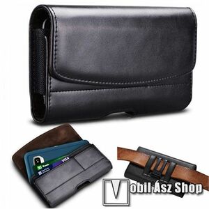 UNIVERZÁLIS fekvő tok - PU bőr, mágneses záródás, övre fűzhető, övcsipesz, gumis, bankkártyatartó zsebek - max 180 x 90 x 20mm készülékekhez - FEKETE kép