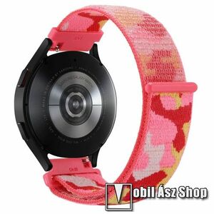 Okosóra szíj - szövet, tépőzáras - 230mm hosszú, 22mm széles - RÓZSASZÍN / PIROS / SÁRGA TEREPMINTÁS - SAMSUNG Galaxy Watch 46mm / Watch GT2 46mm / Watch GT 2e / Galaxy Watch3 45mm / Honor MagicWatch 2 46mm kép