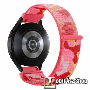 Okosóra szíj - szövet, tépőzáras - 230mm hosszú, 20mm széles - RÓZSASZÍN / PIROS / SÁRGA TEREPMINTÁS - SAMSUNG Galaxy Watch 42mm / Amazfit GTS / Galaxy Watch3 41mm / HUAWEI Watch GT 2 42mm / Galaxy Watch Active / Active 2 kép
