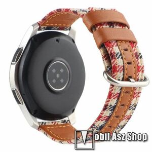 Okosóra szíj - szövet és PU bőr, 92mm + 119mm hosszú, 20mm széles - BARNA / FEKETE / PIROS / FEHÉR KOKCKÁS MINTÁS - SAMSUNG Galaxy Watch 42mm / Amazfit GTS / Galaxy Watch3 41mm / HUAWEI Watch GT 2 42mm / Galaxy Watch Active / Active 2 kép