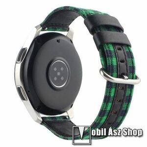 Okosóra szíj - szövet és PU bőr, 92mm + 119mm hosszú, 20mm széles - ZÖLD / FEKETE KOKCKÁS MINTÁS - SAMSUNG Galaxy Watch 42mm / Amazfit GTS / Galaxy Watch3 41mm / HUAWEI Watch GT 2 42mm / Galaxy Watch Active / Active 2 kép