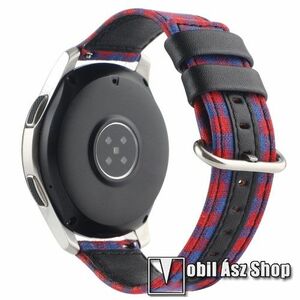 Okosóra szíj - szövet és PU bőr, 92mm + 119mm hosszú, 20mm széles - FEKETE / PIROS / KÉK KOCKÁS MINTÁS - SAMSUNG Galaxy Watch 42mm / Amazfit GTS / Galaxy Watch3 41mm / HUAWEI Watch GT 2 42mm / Galaxy Watch Active / Active 2 kép