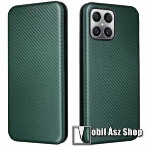 Notesz tok / flip tok - SÖTÉTZÖLD - KARBON MINTÁS - asztali tartó funkciós, oldalra nyíló, rejtett mágneses záródás, bankkártyatartó zseb, szilikon belső - HUAWEI Honor X30i / Honor X8 / Honor Play6T Pro kép
