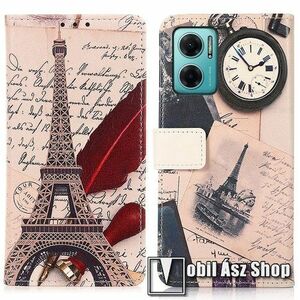 Notesz / mappa tok - EIFFEL TORONY / MADÁRTOLL MINTÁS - oldalra nyíló, rejtett mágneses záródás, bankkártyatartó zsebek, asztali tartó funkció, szilikon belső - Xiaomi Redmi Note 11E / Redmi 10 5G / Redmi 11 Prime 5G / Redmi 10 Prime+ 5G kép