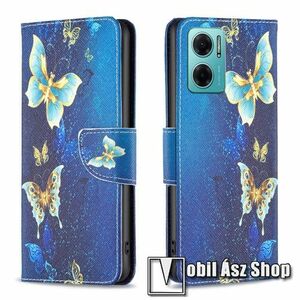 Notesz / mappa tok - ARANY / KÉK PILLANGÓ MINTÁS - oldalra nyíló, rejtett mágneses záródás, bankkártyatartó zsebek, asztali tartó funkció, szilikon belső - Xiaomi Redmi Note 11E / Redmi 10 5G / Redmi 11 Prime 5G / Redmi 10 Prime+ 5G kép