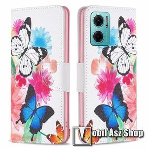 Notesz / mappa tok - PILLANGÓ / VIRÁG MINTÁS - oldalra nyíló, rejtett mágneses záródás, bankkártyatartó zsebek, asztali tartó funkció, szilikon belső - Xiaomi Redmi Note 11E / Redmi 10 5G / Redmi 11 Prime 5G / Redmi 10 Prime+ 5G kép