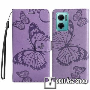Notesz / mappa tok - GRAVÍROZOTT PILLANGÓ MINTÁS - LILA - oldalra nyíló, rejtett mágneses záródás, belső zseb, asztali tartó funkció, szilikon belső - Xiaomi Redmi Note 11E / Redmi 10 5G / Redmi 11 Prime 5G / Redmi 10 Prime+ 5G kép