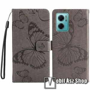 Notesz / mappa tok - GRAVÍROZOTT PILLANGÓ MINTÁS - SZÜRKE - oldalra nyíló, rejtett mágneses záródás, belső zseb, asztali tartó funkció, szilikon belső - Xiaomi Redmi Note 11E / Redmi 10 5G / Redmi 11 Prime 5G / Redmi 10 Prime+ 5G kép