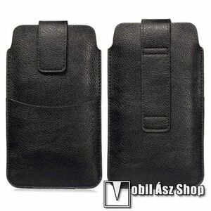 UNIVERZÁLIS álló tok - PU bőr, övre fűzhető, tépőzáras záródás, bankkártyatartó zseb - max 170 x 95mm-es készülékekhez - FEKETE kép