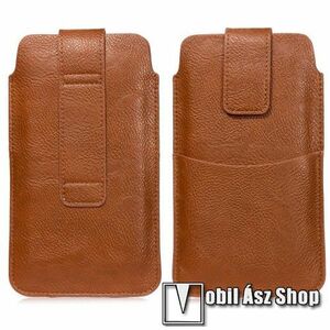 UNIVERZÁLIS álló tok - PU bőr, övre fűzhető, tépőzáras záródás, bankkártyatartó zseb - max 165 x 85mm-es készülékekhez - BARNA kép
