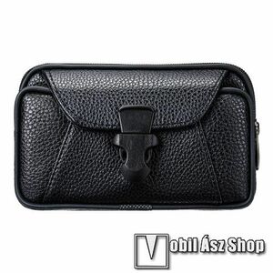 UNIVERZÁLIS fekvő tok - PU bőr, övre fűzhető, csatos, cipzár záródás, több fakkos - 170 x 120 x 30mm - FEKETE kép