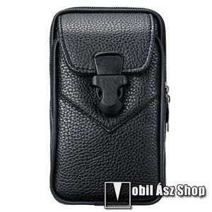 UNIVERZÁLIS álló PU bőrtok - FEKETE - övre fűzhető, csatos, cipzár záródás, több fakkos - 170 x 110 x 30mm kép