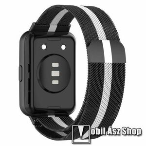 Okosóra milánói szíj - rozsdamentes acél, fém háló kialakítás, mágneses - 210mm hosszú - FEKETE / FEHÉR - HUAWEI Watch Fit 2 Classic Edition / Watch Fit 2 Active Edition kép