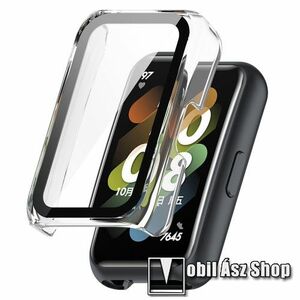Okosóra műanyag védő tok / keret - FÉNYES ÁTLÁTSZÓ - 9H edzett üveg előlap védő is! - HUAWEI Band 6 / Honor Band 6 / HUAWEI Band 7 / Honor Band 7 kép