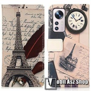 Notesz / mappa tok - EIFFEL TORONY / MADÁRTOLL MINTÁS - oldalra nyíló, rejtett mágneses záródás, bankkártyatartó zsebek, asztali tartó funkció, szilikon belső - Xiaomi 12 Lite kép