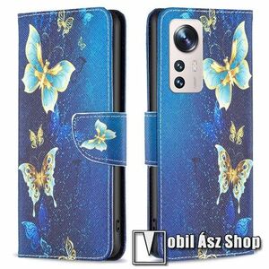 Notesz / mappa tok - KÉK / ARANY PILLANGÓ MINTÁS - oldalra nyíló, rejtett mágneses záródás, bankkártyatartó zsebek, asztali tartó funkció, szilikon belső - Xiaomi 12 Lite kép