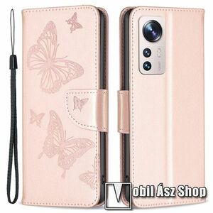 Notesz / mappa tok - GRAVÍROZOTT PILLANGÓ MINTÁS - ROSE GOLD - oldalra nyíló, rejtett mágneses záródás, belső zseb, asztali tartó funkció, szilikon belső - Xiaomi 12 Lite kép