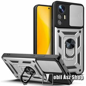 OTT! CAMSHIELD ARMOR műanyag védő tok / hátlap - EZÜST - szilikon betétes, kitámasztható, fém ujjgyűrűvel, eltolható kamera védő fedéllel, tapadófelület mágneses autós tartóhoz - ERŐS VÉDELEM! - Xiaomi 12 Lite 5G kép