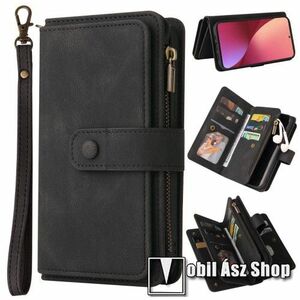 WALLET KT Multi 2 Series notesz / mappa tok - FEKETE - PU bőr, oldalra nyíló flip cover, asztali tartó funkció, szilikon belső, mágneses záródás, több fakkos pénztárca / bánkártyatartó, cipzár, csuklópánt - Xiaomi 12 / 12X / 12S kép