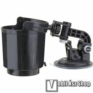 UNIVERZÁLIS autós pohártartó állvány - tapadókorongos / szélvédőre helyezhető, forgatható, belső átmérője 85mm - FEKETE kép
