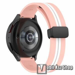 Okosóra D-gyűrűs sportszíj - RÓZSASZÍN / FEHÉR - szilikon, mágneses speciális csatos - 88mm+125mm hosszú, 20mm széles - SAMSUNG Galaxy Watch 42mm / Amazfit GTS / Galaxy Watch3 41mm / HUAWEI Watch GT 2 42mm / Galaxy Watch Active / Active 2 kép