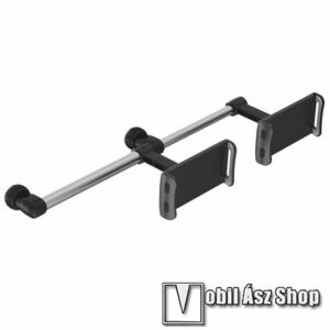 UNIVERZÁLIS autós tablet PC tartó - fejtámla rúdra rögzíthető, 360°-ban forgatható, teleszkópos rúd 180-370mm-ig állítható hosszúság, telefon és tablet tartóval egyszerre 2 készülékkel is használható, 205mm-ig nyíló bölcsők - FEKETE / EZÜST kép