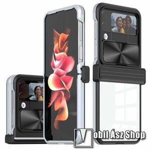 OTT! HINGE CAMSHIELD ARMOR műanyag védő tok / hátlap - ÁTLÁTSZÓ / FEKETE - szilikon betétes, kitámasztható, zsanérvédő kialakítás, eltolható kamera védő fedéllel - ERŐS VÉDELEM! - SAMSUNG Galaxy Z Flip4 (SM-F721) kép