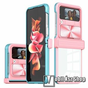 OTT! HINGE CAMSHIELD ARMOR műanyag védő tok / hátlap - RÓZSASZÍN / CYAN / ÁTLÁTSZÓ - szilikon betétes, kitámasztható, zsanérvédő kialakítás, eltolható kamera védő fedéllel - ERŐS VÉDELEM! - SAMSUNG Galaxy Z Flip4 (SM-F721) kép