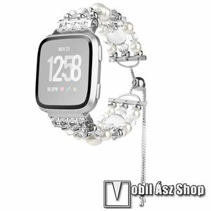 Okosóra szíj - fém, gumis, strasszkővel és gyöngyökkel díszített - EZÜST - 145mm-től 245mm-ig állítható hosszúság, 23mm széles - Fitbit Versa / Fitbit Versa Lite / Fitbit Versa 2 kép