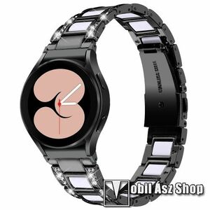 Okosóra műanyag / rozsdamentes acél szíj - FEKETE / FEHÉR - pillangó csat, strasszkővel díszített - 20mm széles - SAMSUNG Galaxy Watch5 44mm (SM-R915F) / Watch5 40mm (SM-R905F) / Watch5 Pro (SM-R925F) / Watch4 Classic 46mm (SM-R890) / Watch4 Classi kép