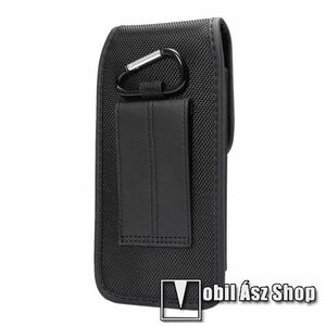 UNIVERZÁLIS álló tok - övre fűzhető, karabiner, tépőzáras záródás, cseppálló szövet, bankkártya tartó zseb - max 177 x 95 x 25mm méretű készülékekhez - FEKETE kép