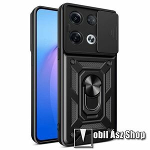 OTT! CAMSHIELD ARMOR műanyag védő tok / hátlap - FEKETE - szilikon betétes, kitámasztható, fém ujjgyűrűvel, eltolható kamera védő fedéllel, tapadófelület mágneses autós tartóhoz - ERŐS VÉDELEM! - Oppo Reno8 Pro (Global) (CPH2357) / Reno8 Pro Plus (PFZM10) kép